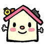 a simple cute drawing, of a little house that has a happy face and little arms
