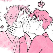 a drawing from the Heartstopper webcomic. Charlie is holding Nick's face and leaning in for a kiss.