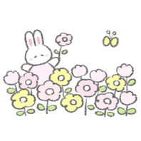 a simple drawing of a bunny in a dress standing by a bunch of flowers