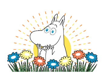 a drawing of Moomin, he looks suprised, and is surrounded by flowers