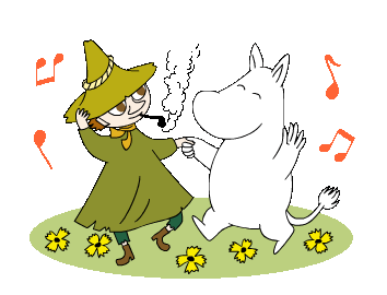 simple illustration of Moomin and Snufkin holding hands and dancing